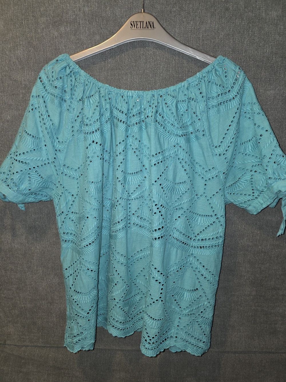 Sundance Turquoise Eyelet/ Tie On Each Arm Off-Shoulder Top Size Small PTP 23in - Picture 5 of 6